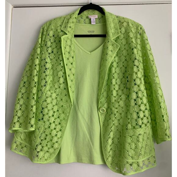 Chico's Jacket Lime Green Lace Cut Out Sheer Button Up 3/4 Sleeves Size 2 US 12 - Picture 7 of 15